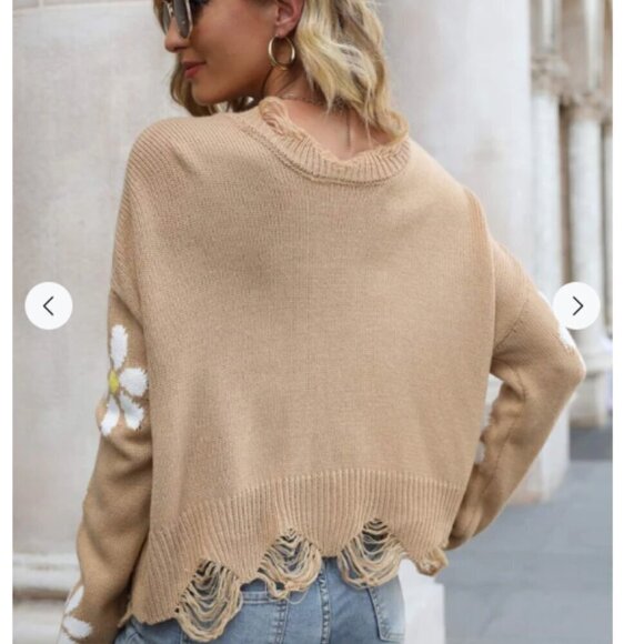 Cropped Daisy Floral Print V Neck Long Sleeve Personality Sweater Ribbed Trim - Picture 5 of 15